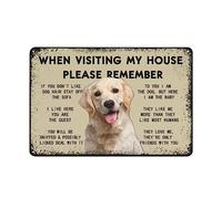 Targa in metallo rustica con cane divertente e carina, con scritta in lingua inglese "When Visiting My House Please Remember", targa da parete in metallo, cartello d'ingresso, decorazione chic per la