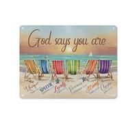 Targa in metallo rustico, sedia da spiaggia, decorazione da bagno, arte murale, mare, spiaggia, oceano, tema costiero, Dio dice che sei, immagini colorate, stampe decorative da parete, opera d'arte