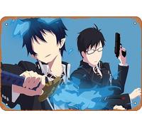 Targa in metallo stile rétro con armi e occhiali, cravatta, Katana, pistola, orecchie a punta, minimalista, pistola, esorcista blu, Rin Okumura, Ao No Exorcist, Yukio Okumura, decorazione artistica da