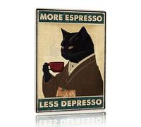 Targa in metallo stile vintage gatto nero caffè poster poster "More Espresso Less Depresso" 20,3 x 30,5 cm