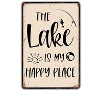 Targa In Metallo The Lake Is My Happy Place Funny Relax Painting Metal Signboard Vintage Poster Segno Lamiera Nostalgica Tin Sign Per Ristorante Cucina Soggiorno 20X30CM