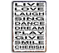 Targa in metallo vintage con citazione motivazionale, per casa, ufficio, stanza, decorazione artistica da parete, con scritta "Live Love Laugh Sing Dance Dream Play Give Smile Cherish" (tp-5145 x 30