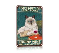Targa in metallo vintage con gatto bianco, decorazione da parete in stile retrò per la cucina, con scritta in lingua inglese "That's what I do I read books I drink wine and I known things