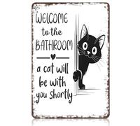 Targa in metallo vintage con gatto bianco e nero - "Welcome To The Bathroom A Cat Will Be With You Shortly", divertente cartello da bagno, decorazione da parete retrò per la casa, bagno, bagno, 20 x