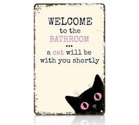 Targa in metallo vintage con gatto nero - "Welcome To The Bathroom A Cat Will Be With You Shortly", divertente cartello per il bagno, decorazione da parete retrò per la casa, bagno, WC, 20,3 x 30,5 cm
