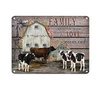 Targa in metallo vintage con mucca, con scritta "Family Where Life Begins And Love Never Ends", cartello in alluminio con scritta Hello Sweet Check, 30,5 x 40,6 cm, antivento, per caffè, casa, camera