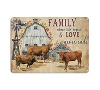 Targa in metallo vintage con mucca, con scritta "Family Where Life Begins And Love Never Ends", in metallo, 25,4 x 35,6 cm, facile da montare, per casa, pub, bar, ristorante, grotta degli uomini