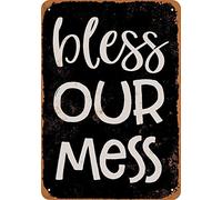 Targa in metallo vintage con scritta "Bless Our Mess", decorazione per la casa, 30,5 x 20,3 cm