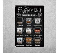 Targa in metallo vintage con scritta "Coffee Menu Know Your Coffee", targa vintage in latta per bar, pub, decorazione da parete, 14 x 20 cm