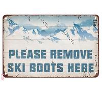Targa in metallo vintage con scritta in lingua inglese "Snow Mountain Ski Ski", decorazione vintage per località sciistica con scritta "Please Remove Ski Boots Here", cartello in metallo vintage per
