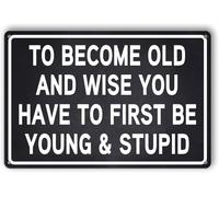 Targa in metallo vintage con scritta in lingua inglese "To Become Old And Wise You Have First Be Young&Stupid", divertente, per garage, porta d'ingresso, per interni ed esterni, ufficio, bar