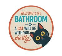 Targa in metallo vintage con scritta in lingua inglese "Welcome to the Bathroom - A Cat Will Be with You Shortly", decorazione da parete per casa, bar, giardino, 20,3 x 20,3 cm