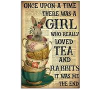 Targa in metallo vintage con scritta "Once Upon A Time There was A Girl Who Really Loved Tea and Rabbits It was Me", 20,3 x 30,5 cm