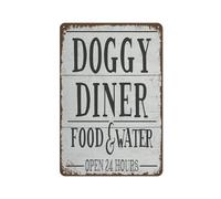 Targa in metallo vintage con scritta "Open 24 Hours,Doggy Diner", decorazione da parete in metallo, decorazione divertente per casa, bar, pub, caffetteria, fattoria, regalo per gli amanti dei cani