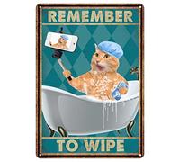 Targa in metallo vintage con scritta "Remember to wipe", targa in latta retrò con gatto che scatta foto nella vasca da bagno, divertente decorazione da parete per bagno, bar, grotta degli uomini, 20,3