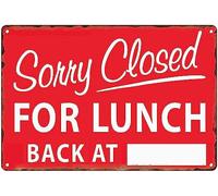 Targa in metallo vintage con scritta "Sorry Closed for Lunch Back At Notice Gone To Lunch Decor Funny Signs for Home Kitchen Garage Man Cave Home Decor Wall Art 20,3 x 30,5 cm