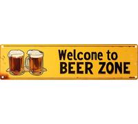 Targa in metallo vintage con scritta "Welcome to beer zone", adatta per casa, strada, negozio, garage, bar, fattoria, giardino, multiuso, per interni ed esterni, 10 x 40 cm