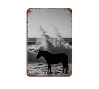 Targa in metallo vintage con stampa a onde con cavallo sulla spiaggia, decorazione artistica da parete per pub, club, caffetteria, bar, casa, poster decorativo retrò 20 x 30 cm