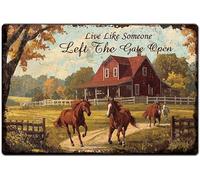 Targa in metallo vintage da 20,3 x 30,5 cm, con cavallo in ferro retrò, aspetto arrugginito, Live Like Someone Left The Gate Open Horse Poster per giardino, fattoria, cucina, Coop Decor
