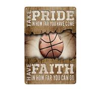 Targa in metallo vintage divertente Take Pride In How Far You Have Come Basket per casa, cortile, fattoria, giardino, garage, citazione ispiratrice, decorazione da parete, targa vintage in latta 20,3