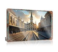 Targa in metallo vintage divertente tramonto alla stazione ferroviaria storica con torre dell'orologio, targa in latta per adulti per uomo roba da grotta per la stanza dei ragazzi (30 x 40 cm)