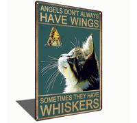 Targa in metallo vintage retrò a forma di gatto con farfalla e angeli Don'T Always Have Wings Decorazione artistica da parete per caffetteria, bar, casa, camera divertente, regalo per amanti dei