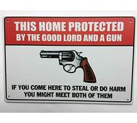 Targa in metallo vintage retrò con scritta "No Trespassing Warning Protected by The Lord and This Gun Street", per garage e casa, bar, club, cucina, hotel, 30,5 x 20,3 cm
