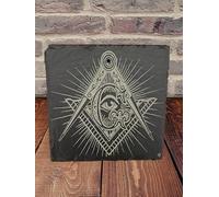Targa Massonico da Appendere Squadra e Compasso con Occhio che Tutto Vede,in ardesia 15x15 cm, Quadro Decorativo Decorazione Murale Esoterica in Pietra Naturale - Idea Regalo Massoneria