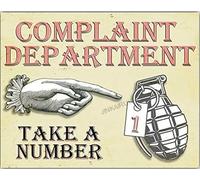 Targa metallica da parete con scritta "Complaint Department Take A Number Hand Grenade", 30,5 x 45,7 cm