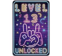 Targa Metallo Level 13 UNLOCKED, Decorazione 13 Compleanno Ragazzo 13 Compleanno Decorazione Per gamer Divertenti Decorazione per Sala Da Gioco Retrò, Idea Regalo per Giocatori 20x30cm