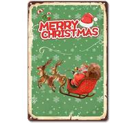 Targa natalizia con scritta "Merry Christmas", decorazione natalizia con Babbo Natale e cervo, vintage, in metallo, per WC, casa, cortile, 15,2 x 20,3 cm