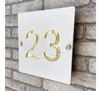 Targa numero civico personalizzata in acrilico 3D bicolore (bianco e oro), numeri galleggianti con direzione per interni ed esterni, perfetta per case, hotel, appartamenti e negozi