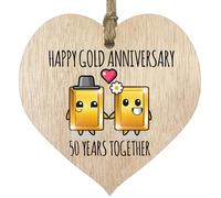 Targa per 50° anniversario di matrimonio, regalo per marito e moglie, 50 anni insieme, cuore in legno con scritta "Happy Gold Anniversary", per donne e uomini, partner, in legno chiaro