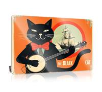 Targa per porta della stanza del dormitorio con gatto nero in abito che suona un banjo con una nave sullo sfondo, targa in metallo decorativa da parete per bar (20 x 30 cm)
