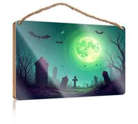 Targa per porta d'ingresso, con scritta in inglese "A spettrale cimitero sotto una luna verde gigante", cartello per porta d'ingresso, divertente decorazione per il bagno (20 x 30 cm)