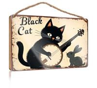 Targa per porta per la casa, divertente con un gatto nero che gioca a un banjo con un coniglio nelle vicinanze. Decorazione per la casa Liquidazione Decorazione per la casa (23 x 35 cm)