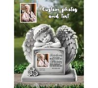 Targa personalizzata a forma di ali d'angelo, serie commemorativa, design a forma di cuore con piume fini, ornamento da scrivania in acrilico, regalo commemorativo personalizzato per i propri cari, po