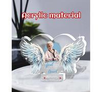Targa personalizzata con ali d'angelo, serie commemorativa, a forma di cuore con piume raffinate, ornamento da scrivania in acrilico, regalo commemorativo personalizzato per i propri cari, possibilità