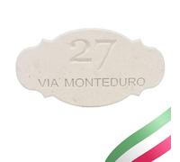 Targa Personalizzata con Nomi/Via in Pietra Leccese, Modificabile con Fori, Targhetta Porta Ingresso con Numero Civico Esterno Made in Italy 19x10H cm - PRODUZIONE MONTEDURO