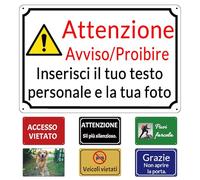 Targa Personalizzata in Alluminio, Cartello Personalizzato da Esterno, Insegna Metallica con Testo Personalizzabile, ATTENZIONE, 15 x 20 cm / 20 x 30 cm / 30 x 40 cm