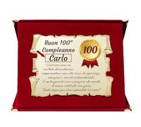 Targa Regalo 100° Compleanno NOME PERSONALIZZATO | Cofanetto con Pergamena per Auguri Uomo e Donna (rosso e dorato, 100 anni)