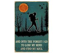 Targa rustica da parete in metallo con scritta "Love Hiking Signs and Into The Forest I Go to Lose Your Mind Find Your Soul" Love Moon Wall Art Gift Home Decor Targa in latta per bagno 20,3 x 30,5 cm