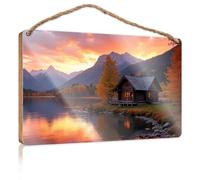 Targa rustica in legno con scritta "Autumn Serenity: Cabin By The Lake At Sunset" (lingua italiana non garantita)