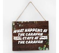 Targa rustica in legno con scritta in lingua inglese "What Happens At The Caravan Stay At The Caravan", stile antico, da parete, 25,4 x 30,5 cm, da appendere, decorazione per la casa, per tavolo e