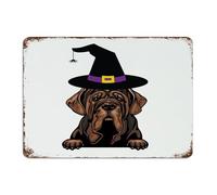 Targa rustica in metallo con mastino napoletano, alla moda, chic, da parete, per terrazza, cane, gatto, zucca, cappello da strega, decorazione per camera da letto, negozio, 25 x 35 cm
