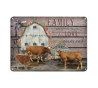 Targa rustica in metallo con mucca, con scritta "Family Where Life Begins And Love Never Ends", in metallo, 25,4 x 35,6 cm, resistente allo sbiadimento, decorazione artistica da parete per pub, club