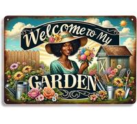 Targa rustica in metallo vintage "Benvenuti nel mio giardino" con design floreale di attrezzi da giardinaggio, perfetta per patio esterno e decorazione domestica, stile retrò per giardino, 5,5x8 pol