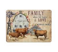 Targa rustica vintage in latta con mucca, famiglia dove la vita inizia e l'amore non finisce mai finisce, in metallo, astratto, animale, 25,4 x 35,6 cm, resistente alle intemperie, design artistico