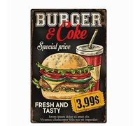 Targa vintage in ferro anticato, decorazione da parete in latta con hamburger e coca cola, decorazione da parete in latta retrò nostalgica da parete per ristorante, cucina