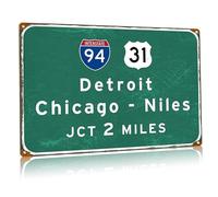 Targa vintage in metallo con scritta "Detroit Chicago Interstate 94 Highway Jct 2 Miles", cartello direzionale per aeroporto, 30,5 x 40,6 cm